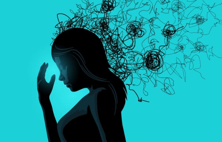 Silhouette of a woman on a blue background holding her hand to her head and scribbled lines are coming off of her.