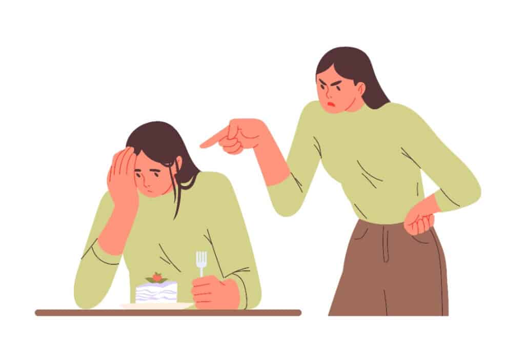 Illustration of woman berating herself for eating a slice of cake.