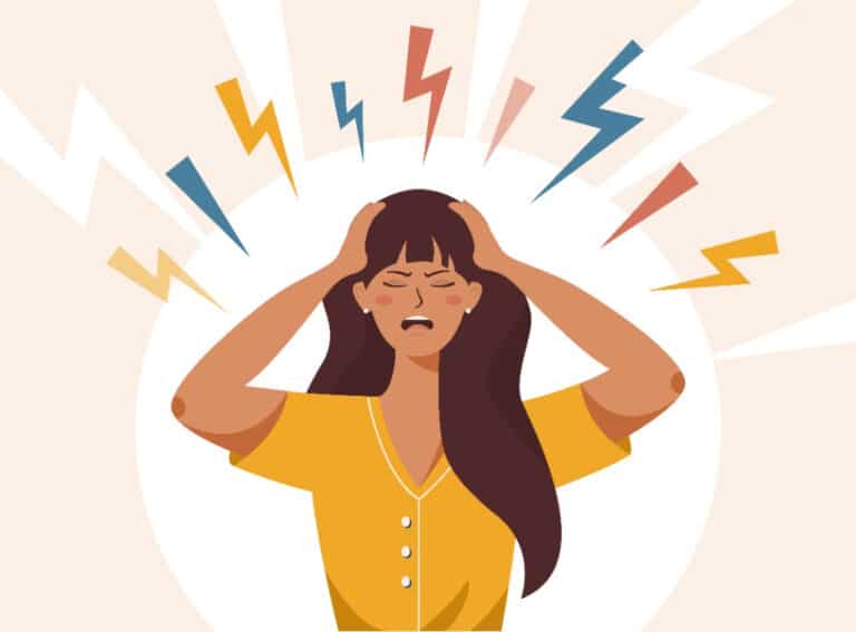 Illustrated woman holding her head in stress.