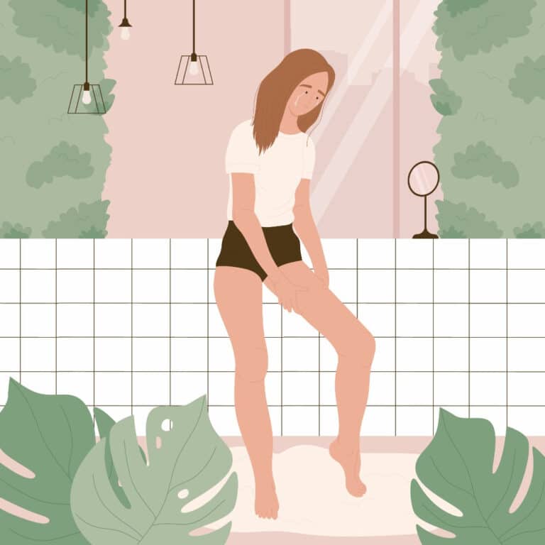 Illustration of a woman in shorts and a t-shirt standing in her bathroom. She is holding her thigh like she's measuring it and she's upset.