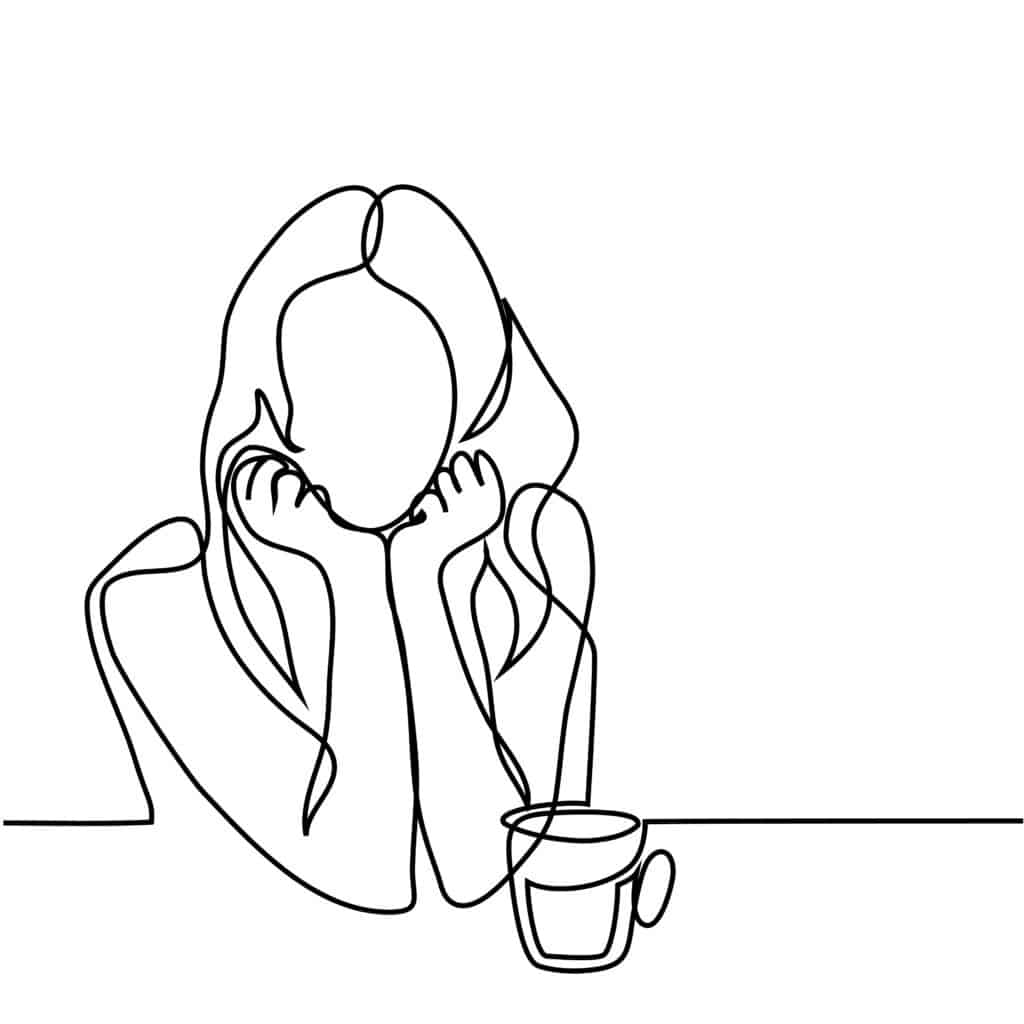 Line drawing of a woman sitting with a cup of coffee.